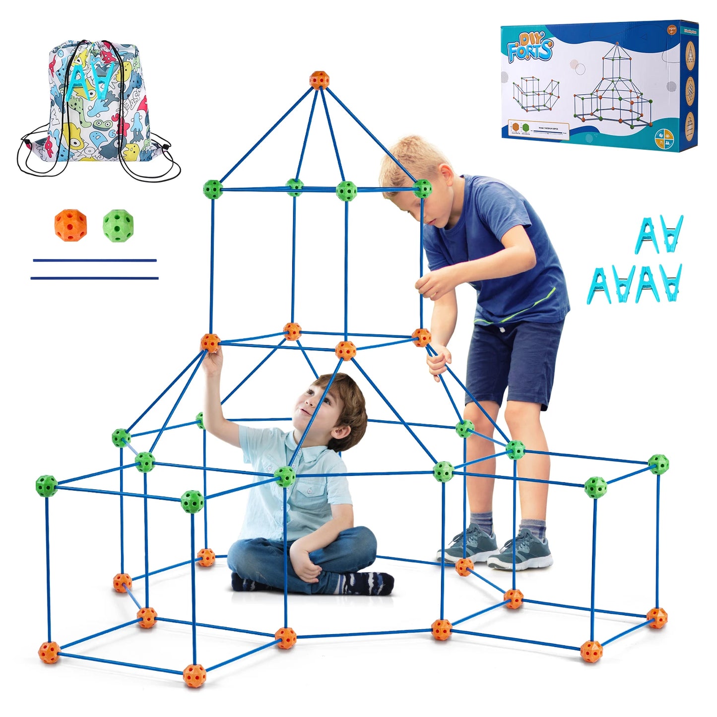 Building Blocks Kids Creative Indoor or Outdoor Play Tent Brick Kit with 80 Rods 40 Balls for DIY Educational Castle Toys