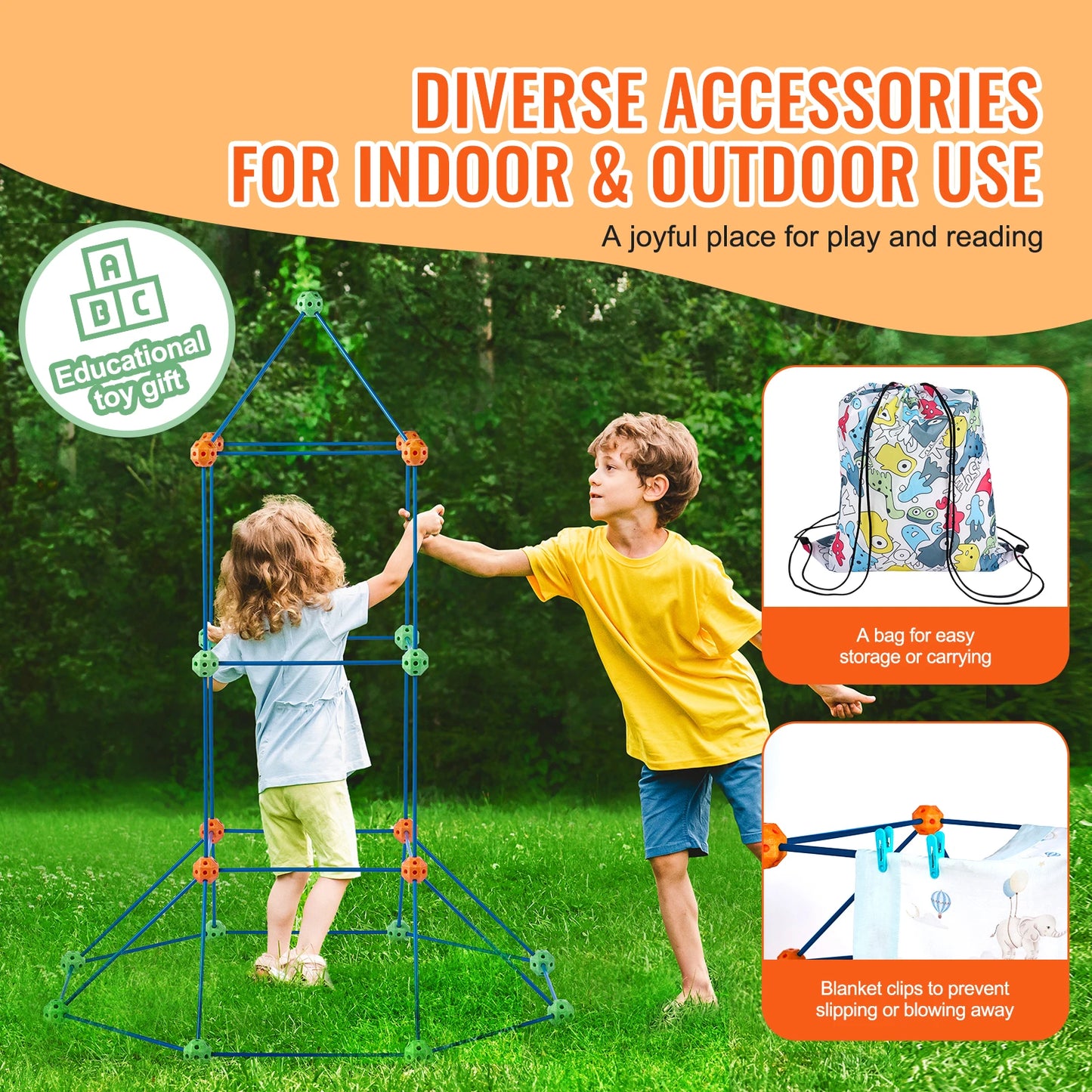 Building Blocks Kids Creative Indoor or Outdoor Play Tent Brick Kit with 80 Rods 40 Balls for DIY Educational Castle Toys